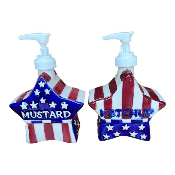 1999 Boston Warehouse American Flag Star Shape Mustard Ketchup Pump Set New - Picture 8 of 8